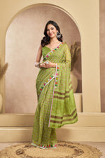 Thumbnail for Vastranavya Mehendi Digital Printed Linen Ready To Wear Designer Saree with Unstitched Blouse - Distacart