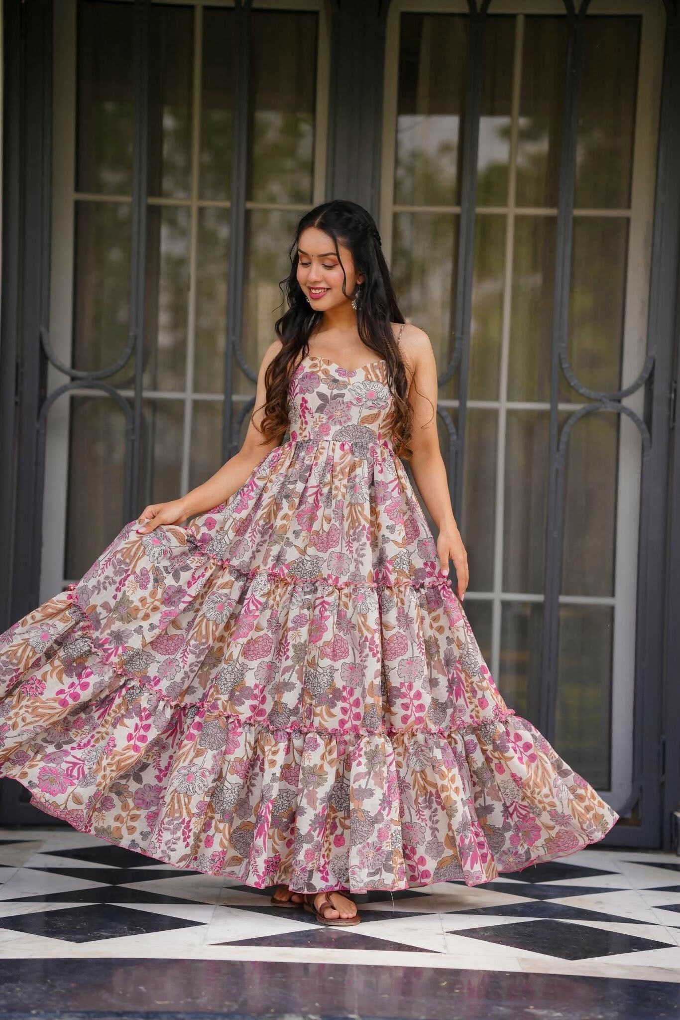 The52 Women's Gorgeous Flared Partywear Designer Poly Rayon Gown-Multi - Dista