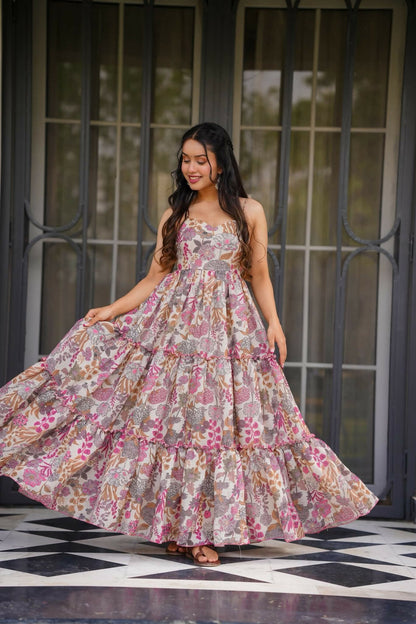 The52 Women's Gorgeous Flared Partywear Designer Poly Rayon Gown-Multi - Dista