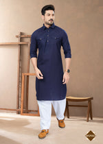 Thumbnail for Joban Fashion Men's Blue Heavy Cotton Plain Kurta Pyjama set - Distacart