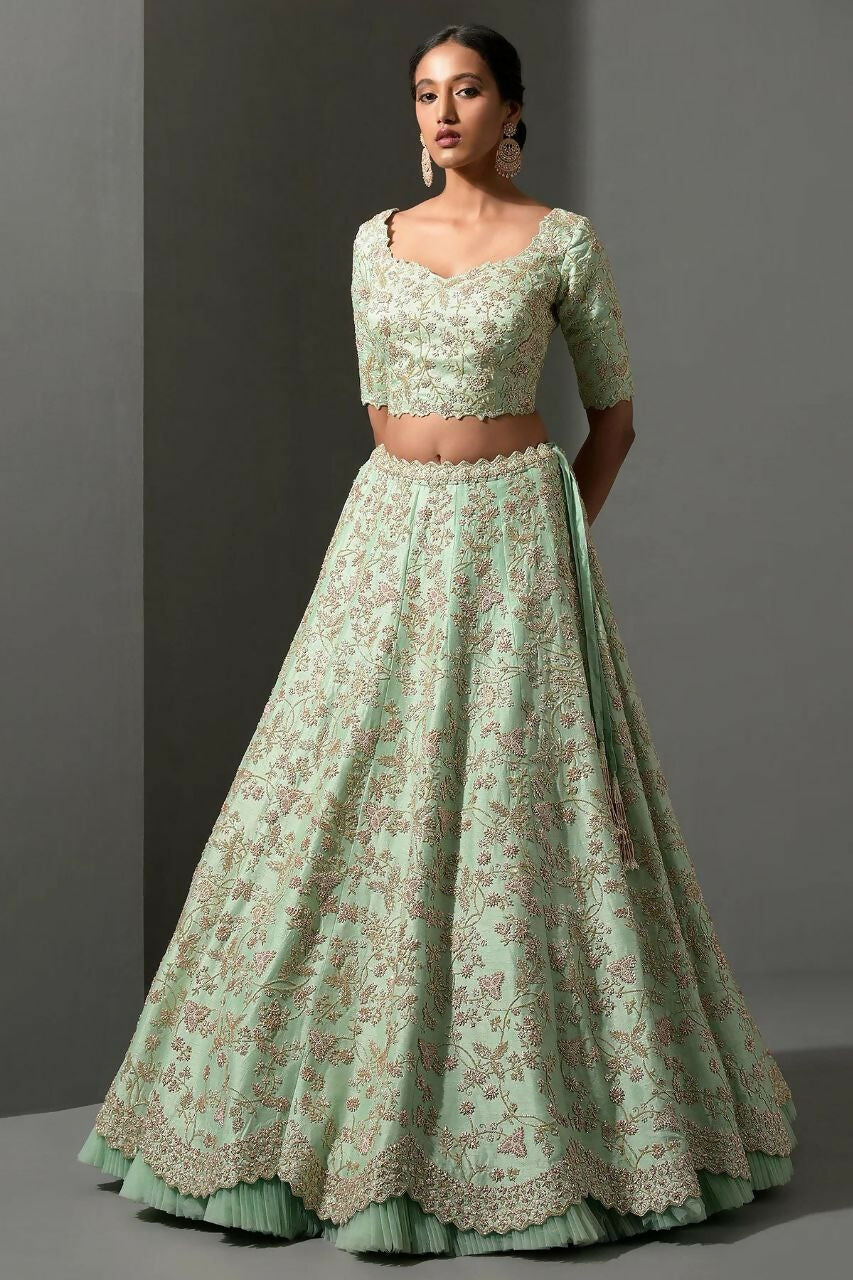 Jyoti Fashion Women's Sea Green Mulberry Silk Sequins, Dori & Thread Embroidered with Net Ruffle Work Designer Lehenga Choli Set - Distacart