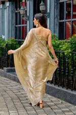 Thumbnail for Vastranavya Beige Embroidery Work Shimmer Chiffon Saree with Unstitched Blouse