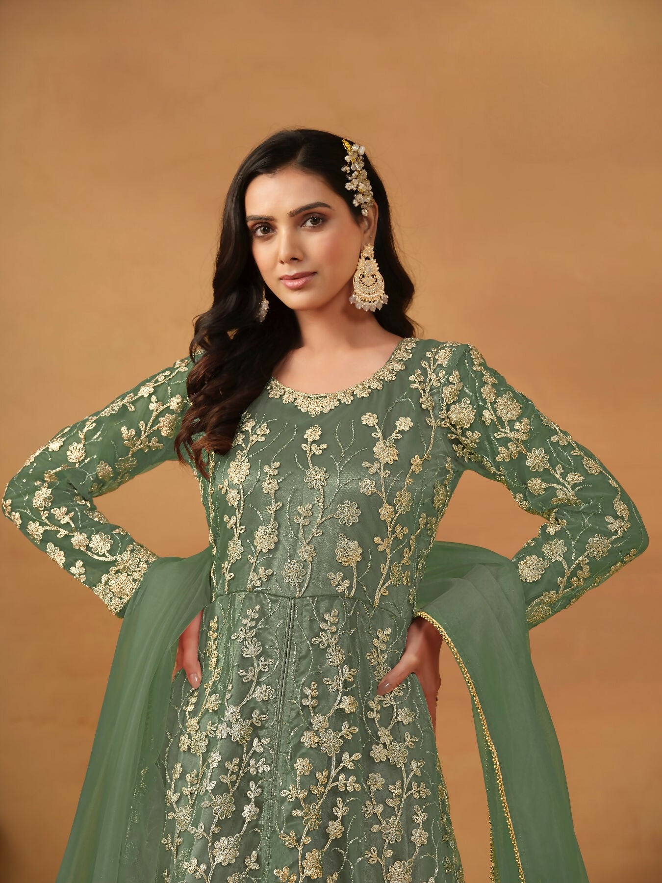 Anaita Green Embroidered Net Anarkali Suit - Distacart