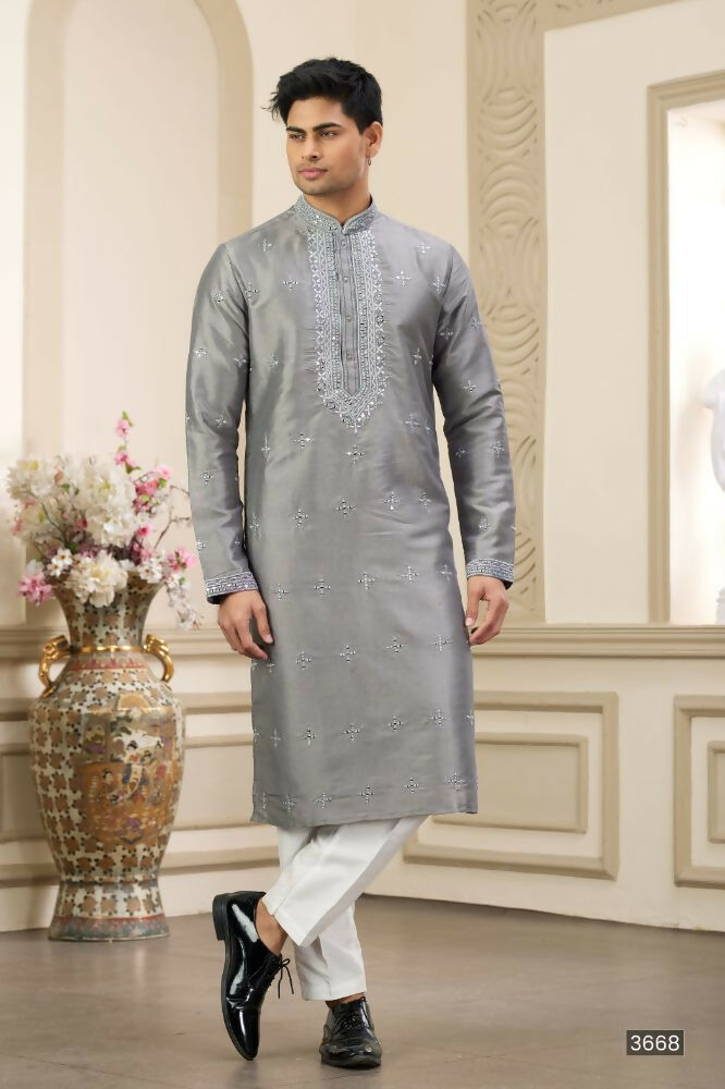 Raivat Ethnic Banarasi Art Silk Thread and Mirror Work Kurta Pajama In Grey Colour