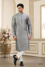 Thumbnail for Raivat Ethnic Banarasi Art Silk Thread and Mirror Work Kurta Pajama In Grey Colour