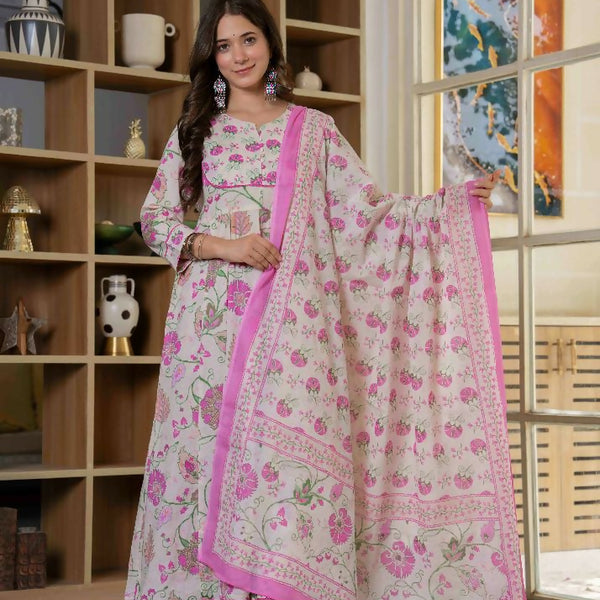 Jaimini Women Cotton Printed Round Neck 3/4 Sleeves Calf Length Flared Kurta Pant And Dupatta Set - Dista