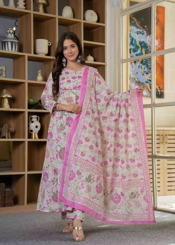 Jaimini Women Cotton Printed Round Neck 3/4 Sleeves Calf Length Flared Kurta Pant And Dupatta Set - Dista