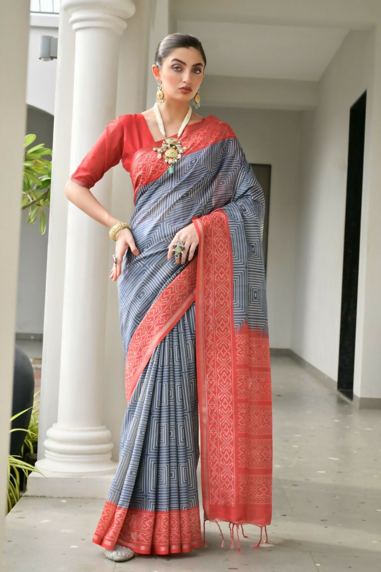 Vishnu Weaves Women's Red Soft Tussar Silk Printed Saree with Blouse