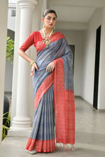 Thumbnail for Vishnu Weaves Women's Red Soft Tussar Silk Printed Saree with Blouse