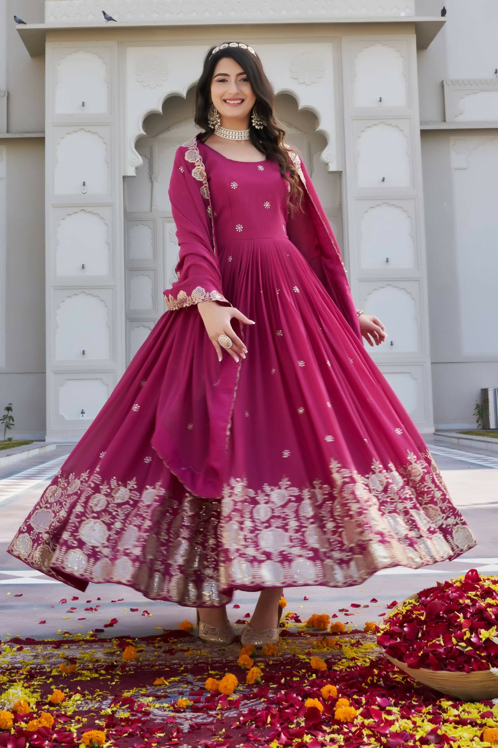 Teeya Creation Womens Wedding Wear Heavy Sequence Embroidery Work Pink Gown Set - Dista