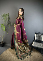 Thumbnail for Joban Fashion Maroon Banarasi Soft Silk Peacock Butta Work Saree - Distacart