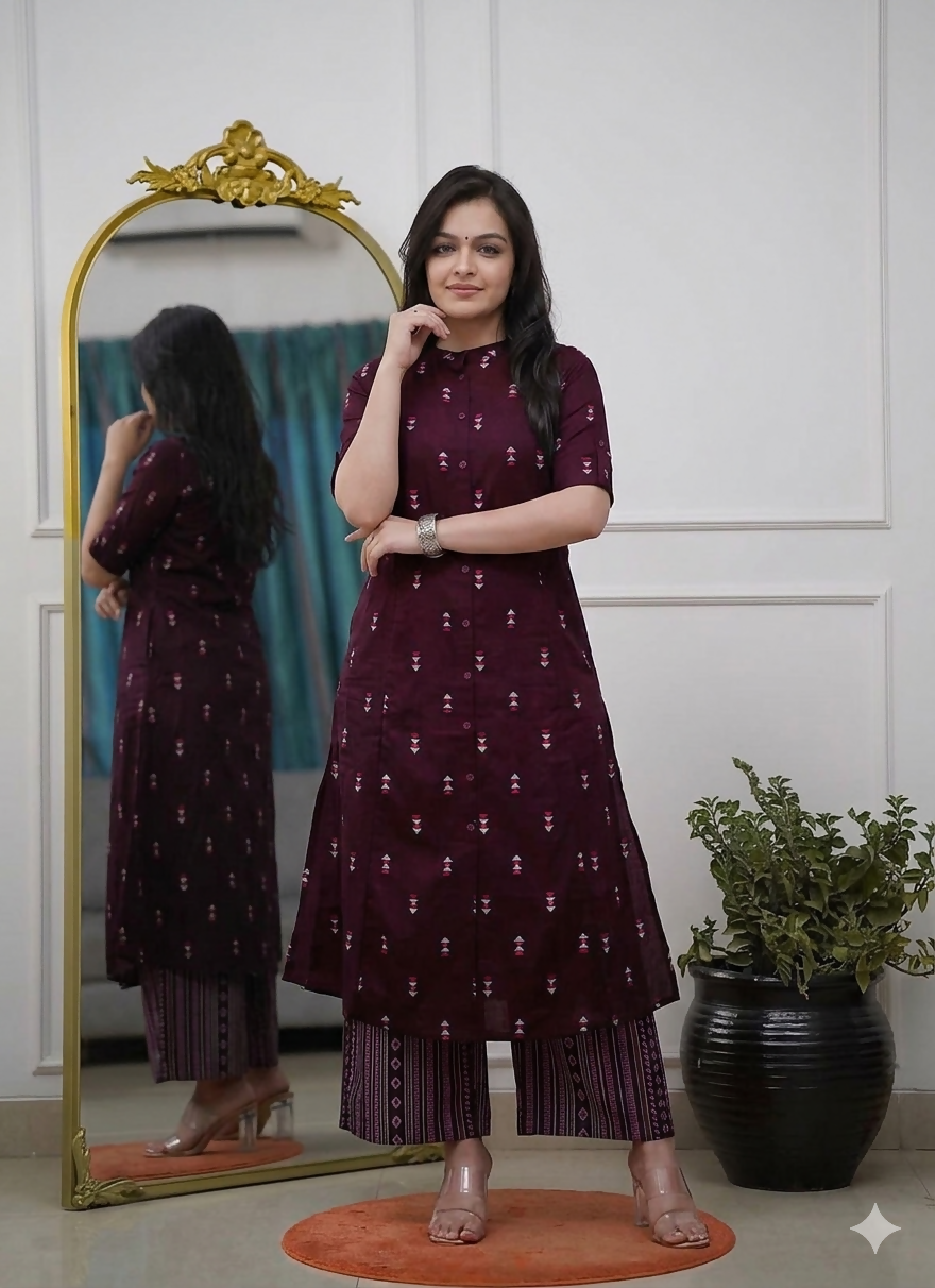 Teeya Creation Sophisticated Wine Colored Straight Kurta With Printed Palazzo Set - Dista