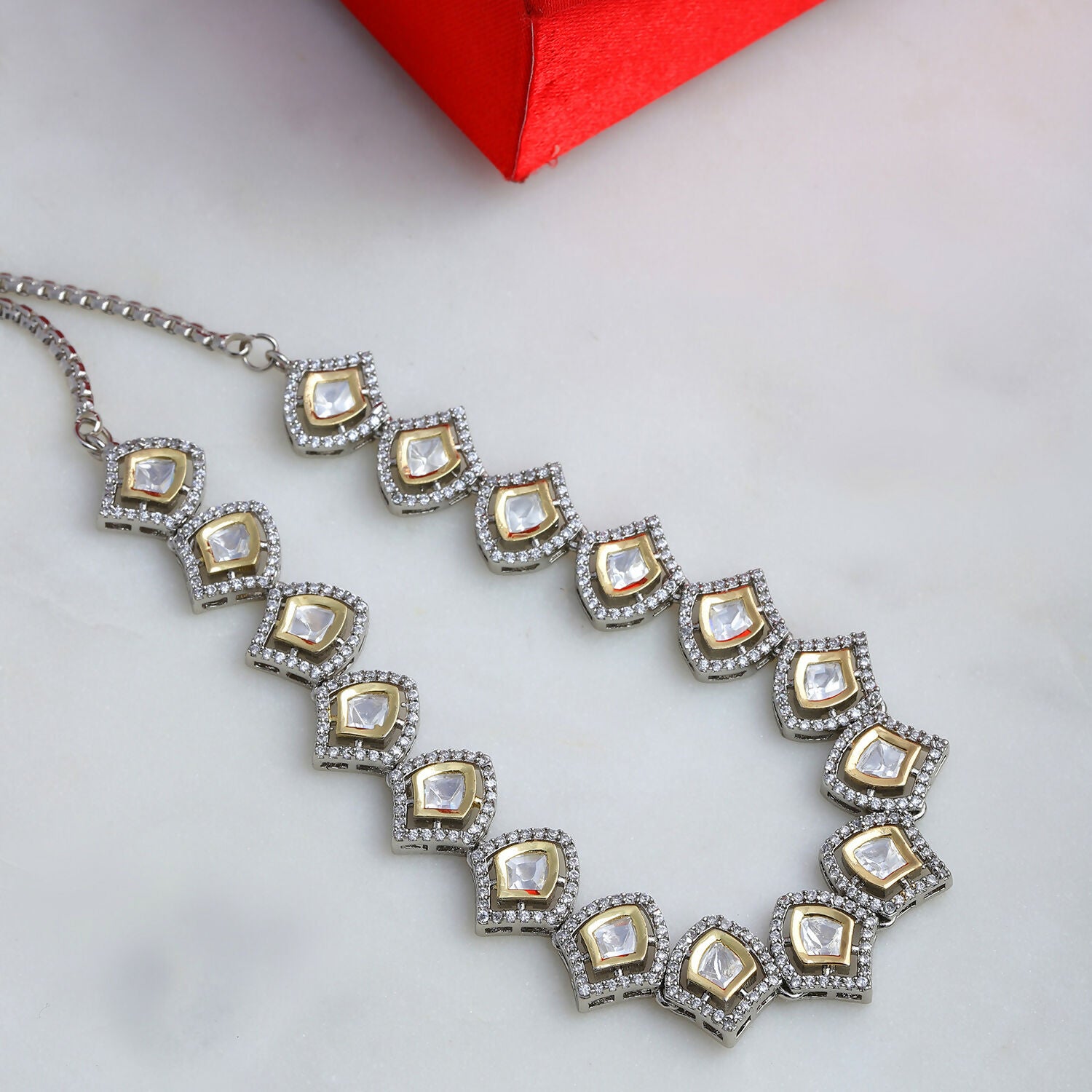 Silver Kundan and American Diamond Neckpiece (Silver) - Ruby Raang - Distacart