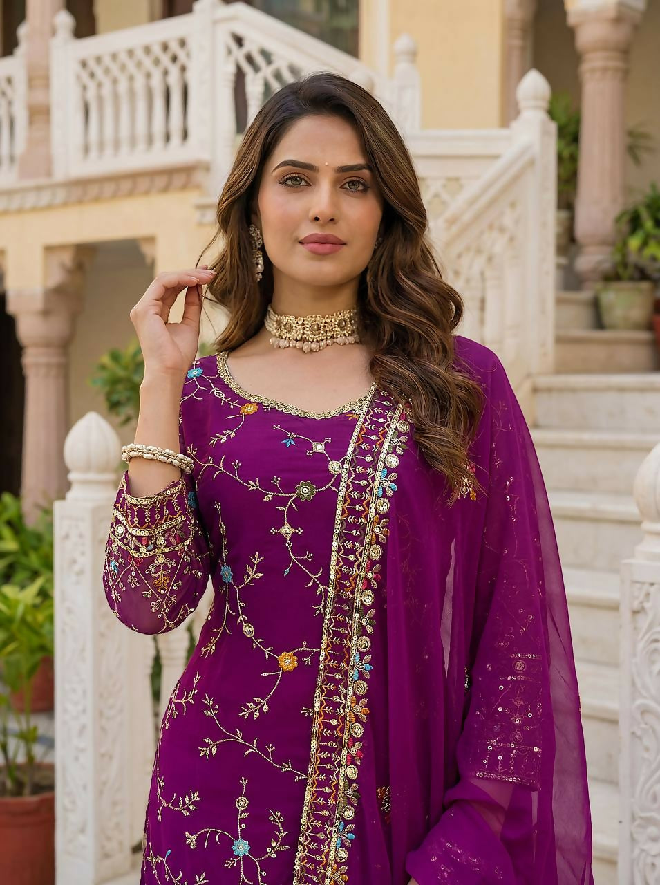Teeya Creation Wine Faux Georgette Multi Thread Work Wedding Wear Sharara Set - Distacart