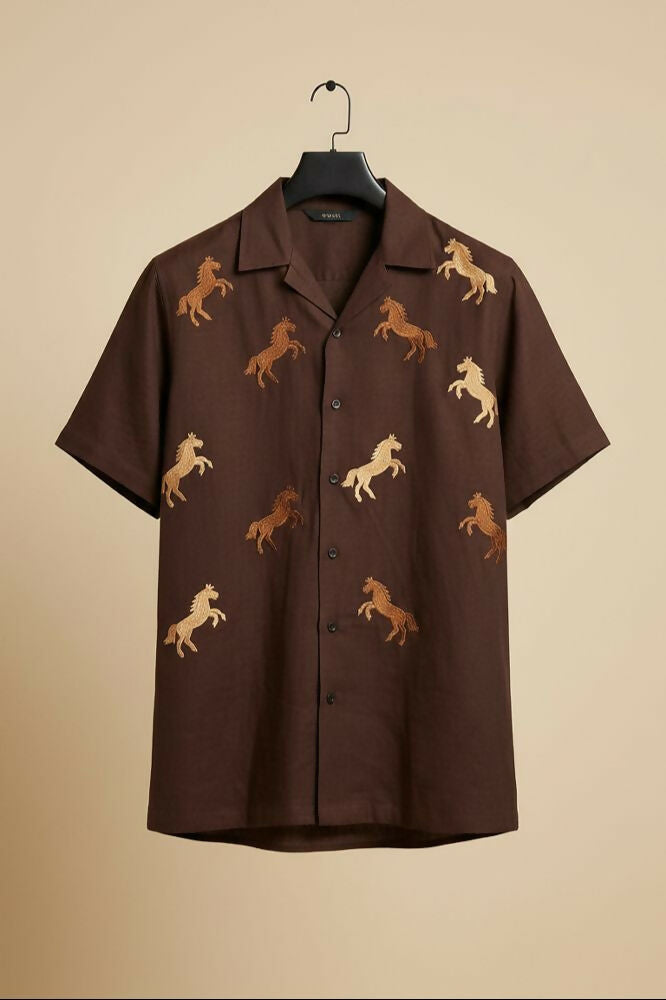 Galloping — Brown Horse Embroidered Cotton Shirt by Hilo Design - Dista