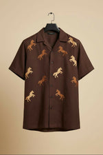 Thumbnail for Galloping — Brown Horse Embroidered Cotton Shirt by Hilo Design - Dista