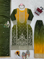 Thumbnail for The52 Women's Gorgeous Chinon silk Fabric Embroidery Work Straight Kurta Palazzo and Dupatta Set - Distacart