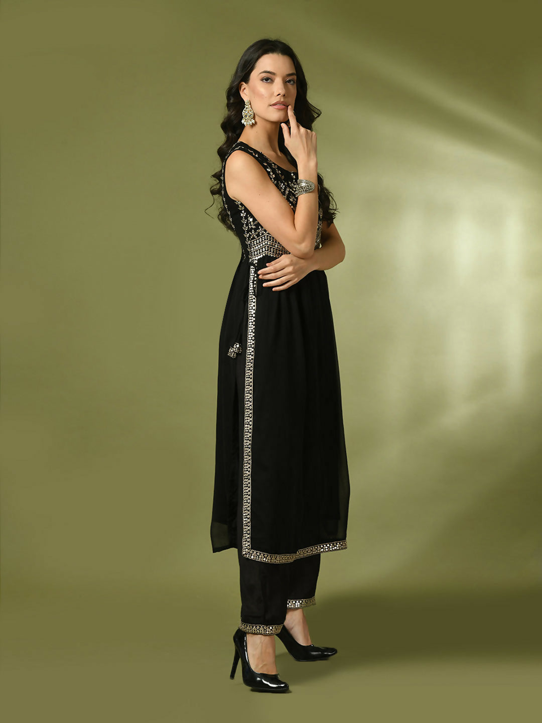 Myshka Women's Black Embroidered Georgette Anarkali Party Kurta Set - Distacart