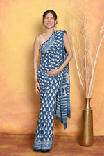 Thumbnail for Very Much Indian Handblock Printed Cotton Saree With Natural Dyes - Blue - Distacart