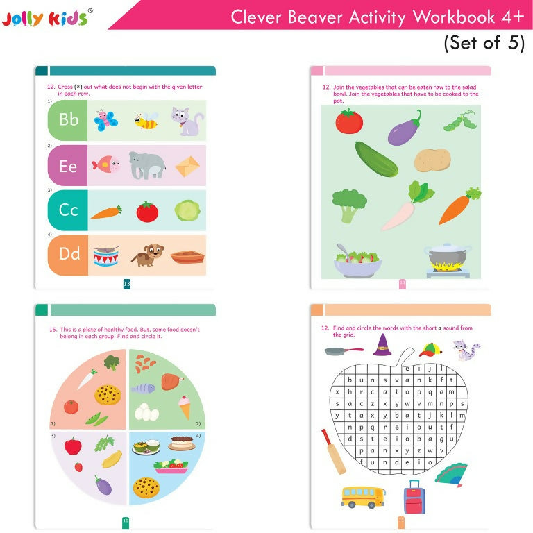 Jolly Kids Clever Beaver Ages 4-5 Years Fun Learning Activities Workbooks Set of 5 | English-Maths-EVS-Good Habit-Logical Reasoning - Dista