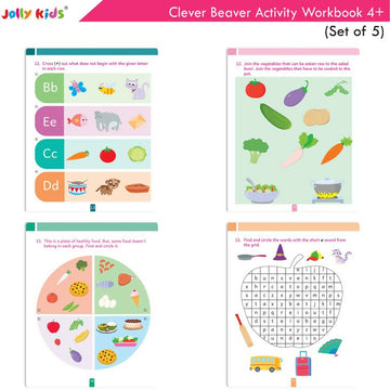 Jolly Kids Clever Beaver Ages 4-5 Years Fun Learning Activities Workbooks Set of 5 | English-Maths-EVS-Good Habit-Logical Reasoning - Dista