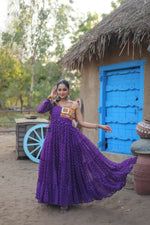 Thumbnail for Aastha Fashion Women's Purple Faux Georgette Bandhani Print work with kutchi patchework Gown - Distacart