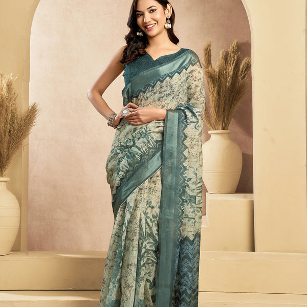 Vastranavya Digital Printed Linen Ready To Wear Designer Saree with Unstitched Blouse - Distacart