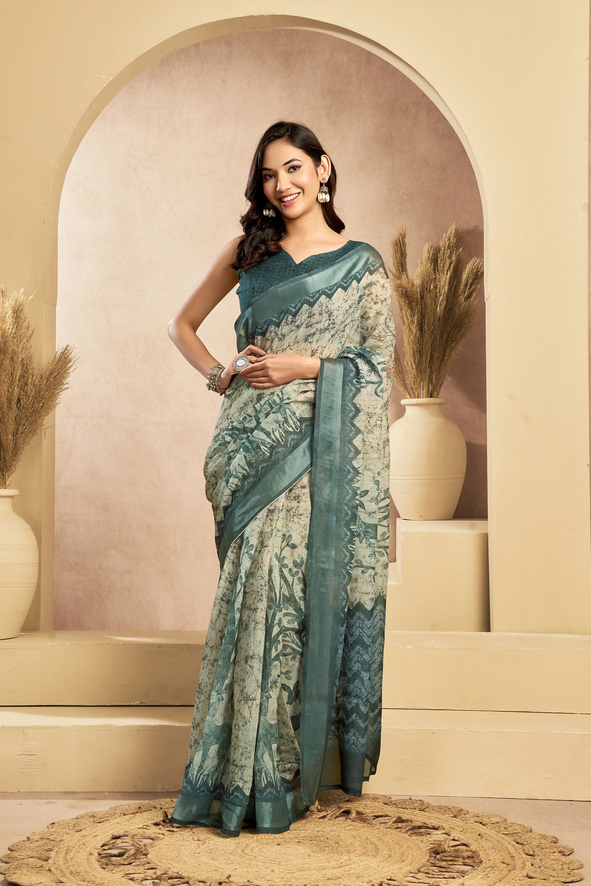 Vastranavya Digital Printed Linen Ready To Wear Designer Saree with Unstitched Blouse - Distacart
