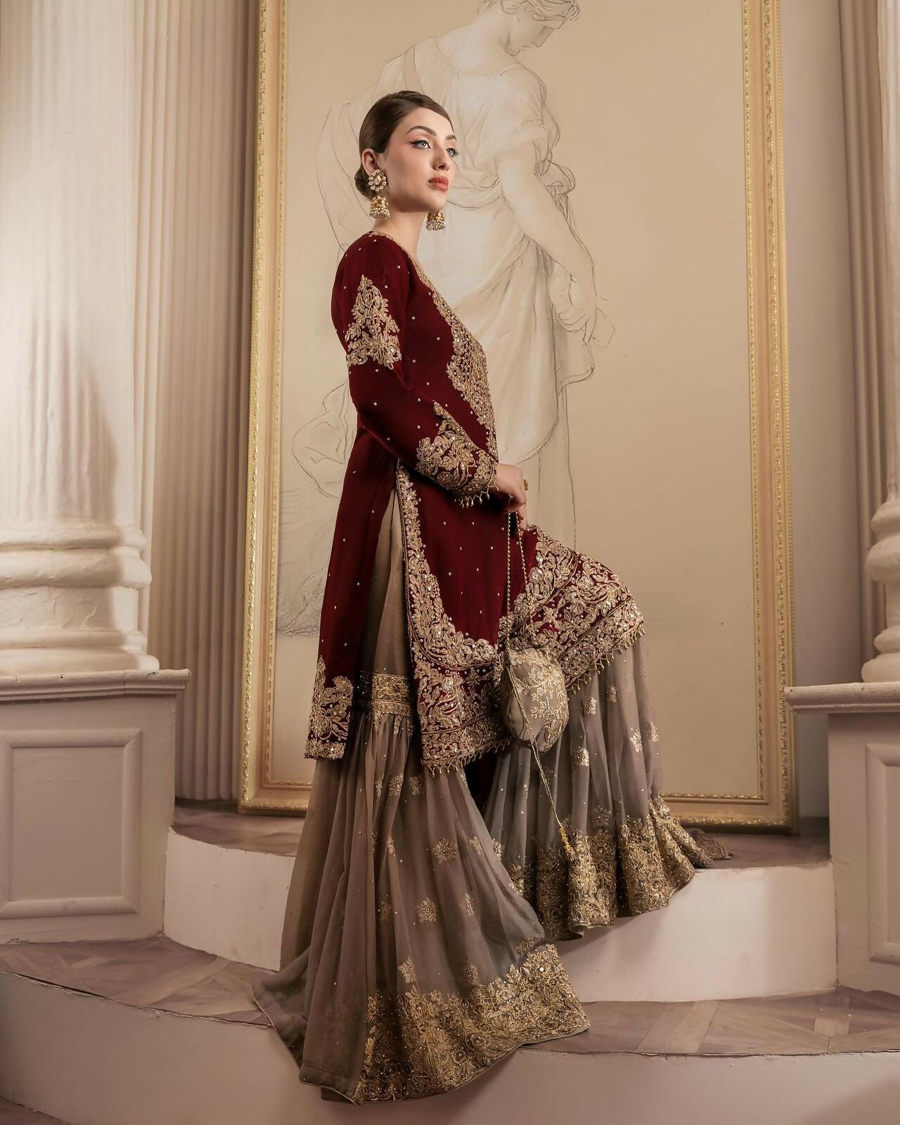 Joban Fashion Maroon Sharara Georgette Sequence with Pearl work & Fancy Lace.