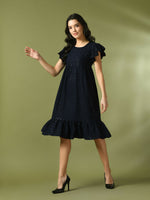 Thumbnail for Myshka Women's Navy Blue Embroidered Cotton Round Neck A-Line Party Dress - Distacart