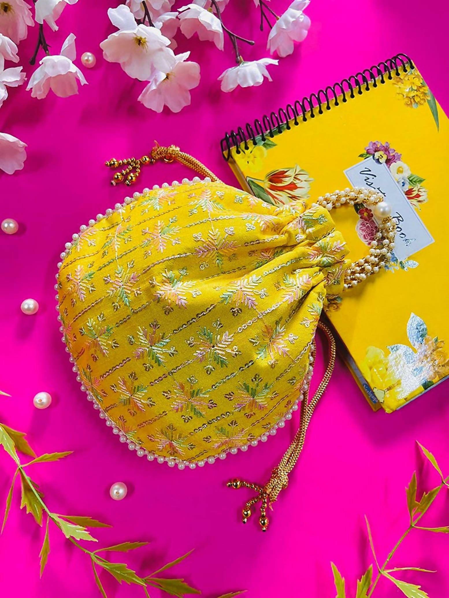 Joban Fashion Pearl Hand Work Potli Bag - Yellow