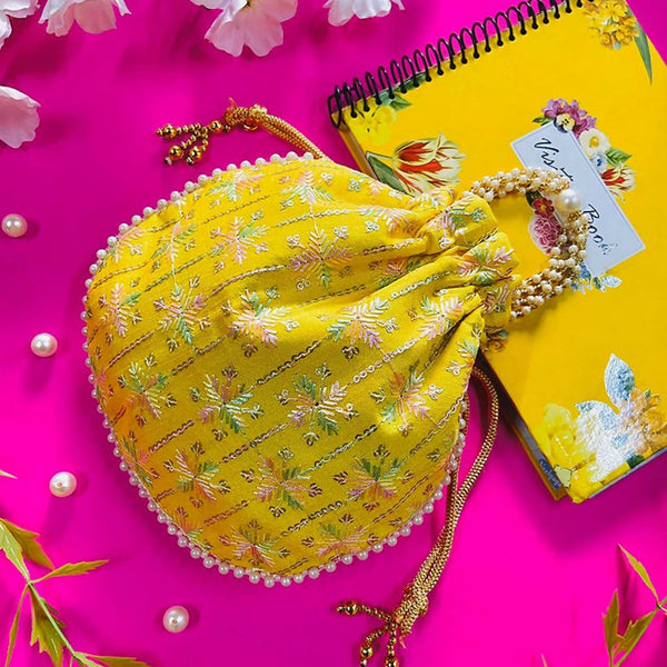 Joban Fashion Pearl Hand Work Potli Bag - Yellow