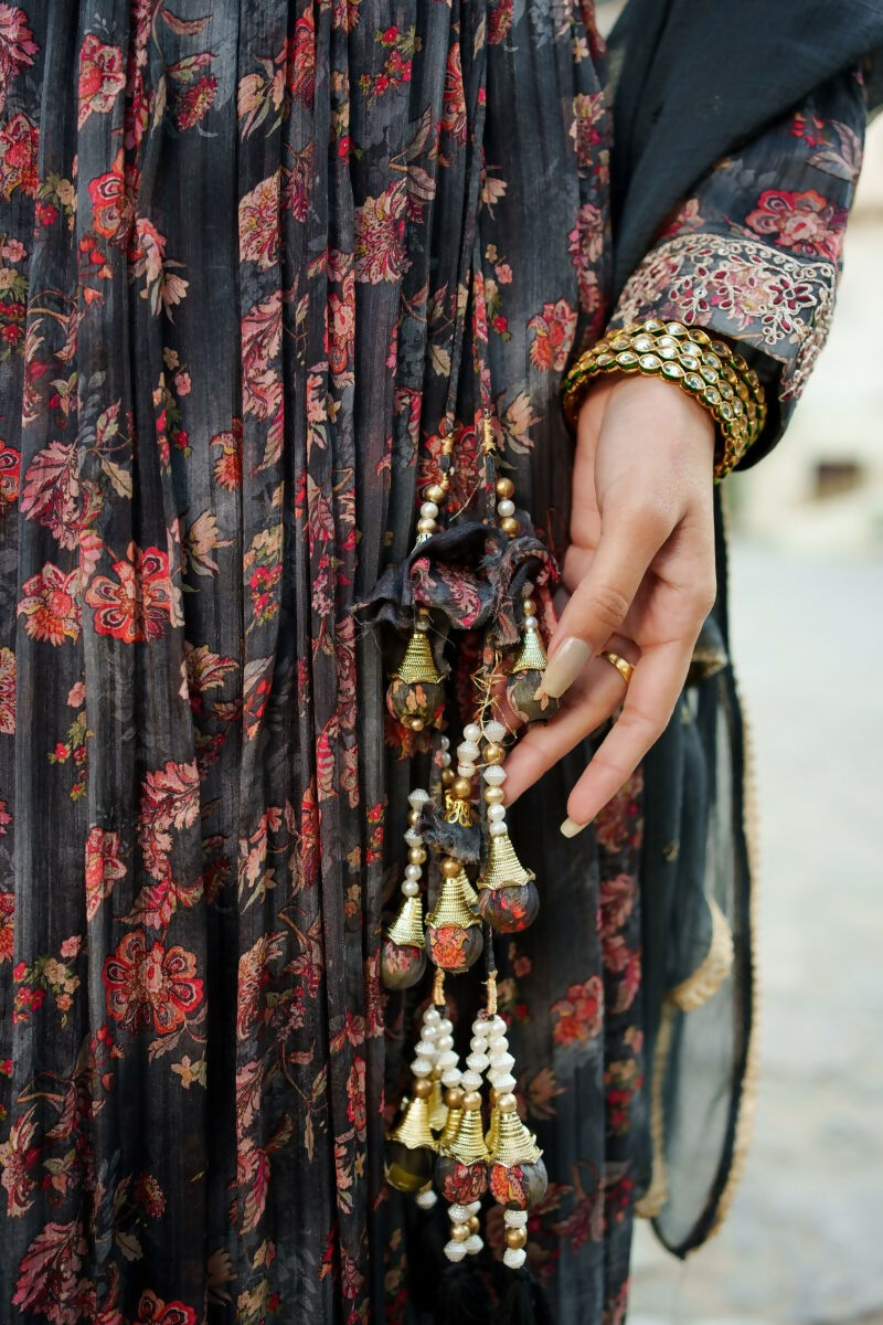 Vaasva Black Chinon Floral Embroidered Angrakha, Pant & Dupatta set - Distacart