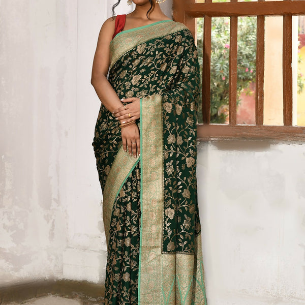 Joban Fashion Emerald Green Crepe Chiffon Pure Handloom Banarasi Silk Saree