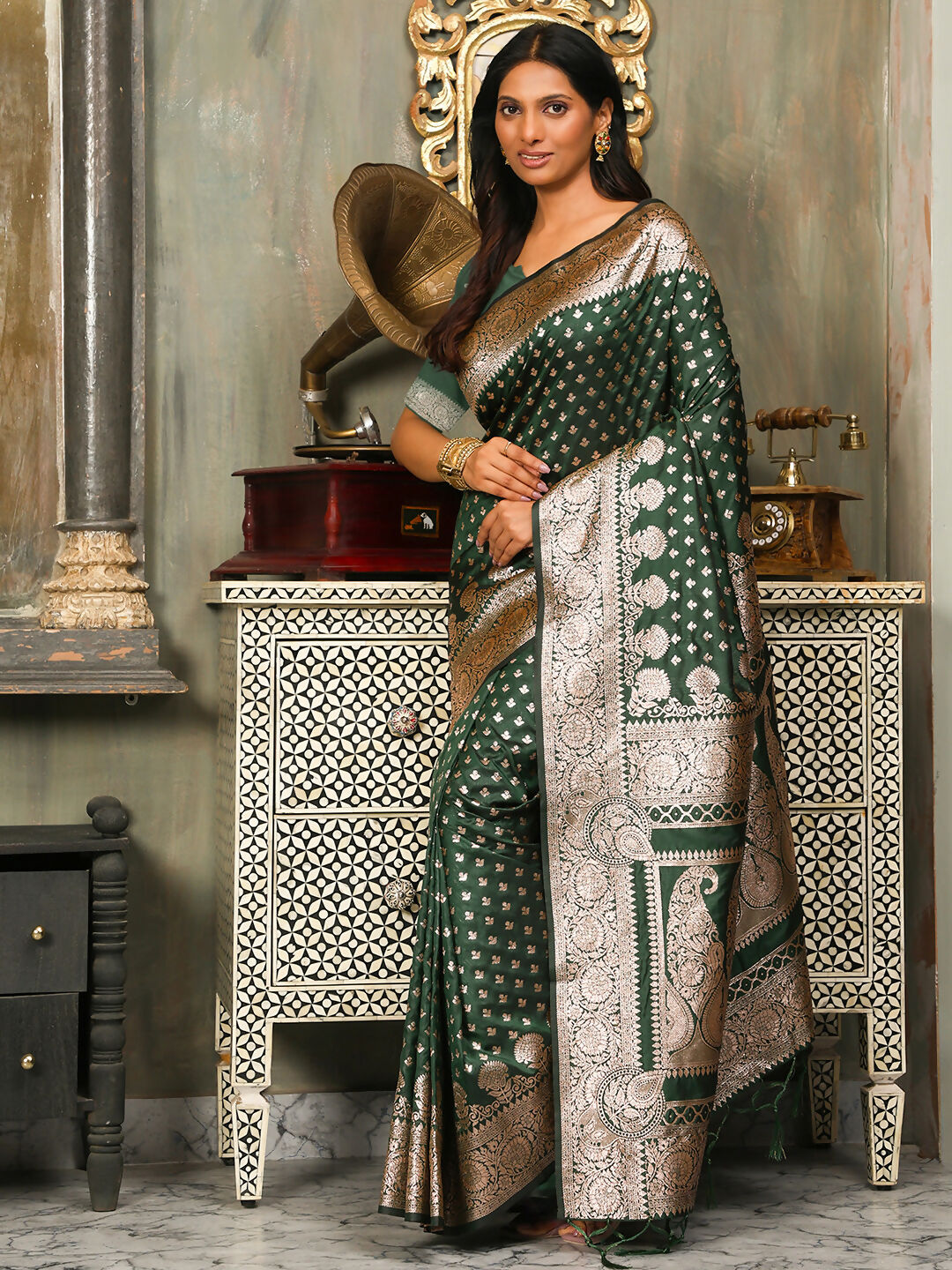 Astita Banarasi Silk Dark Green Saree