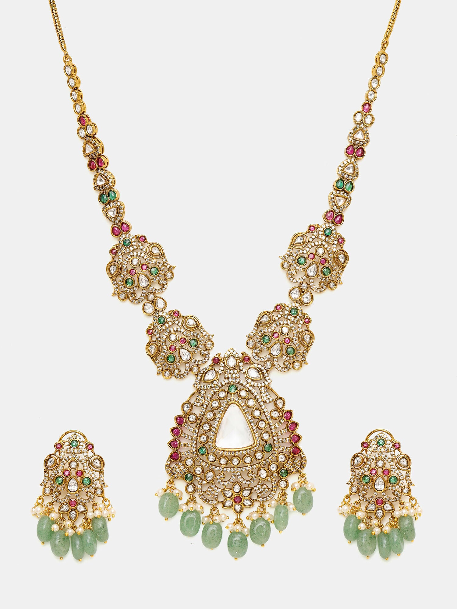 Ruby Raang 22k Gold Polished Long Kundan Heavy Maharani Necklace With Earrings - Distacart