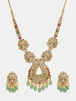 Thumbnail for Ruby Raang 22k Gold Polished Long Kundan Heavy Maharani Necklace With Earrings - Distacart