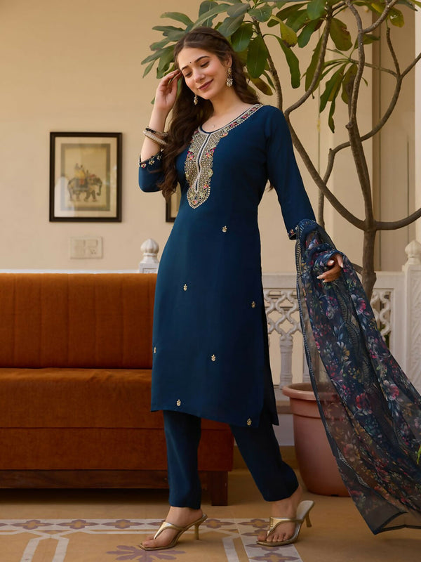 Preksha Creation Blue Viscose Chanderi Embroidered Beads Kurta Set With Dupatta And Pant