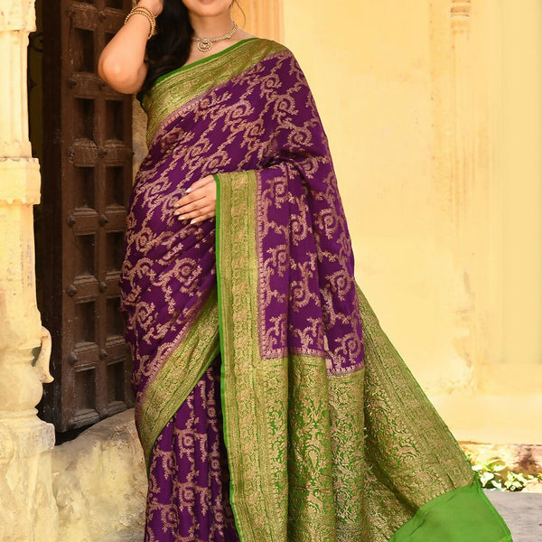 Joban Fashion Purple Crepe Chiffon Pure Handloom Banarasi Silk Saree