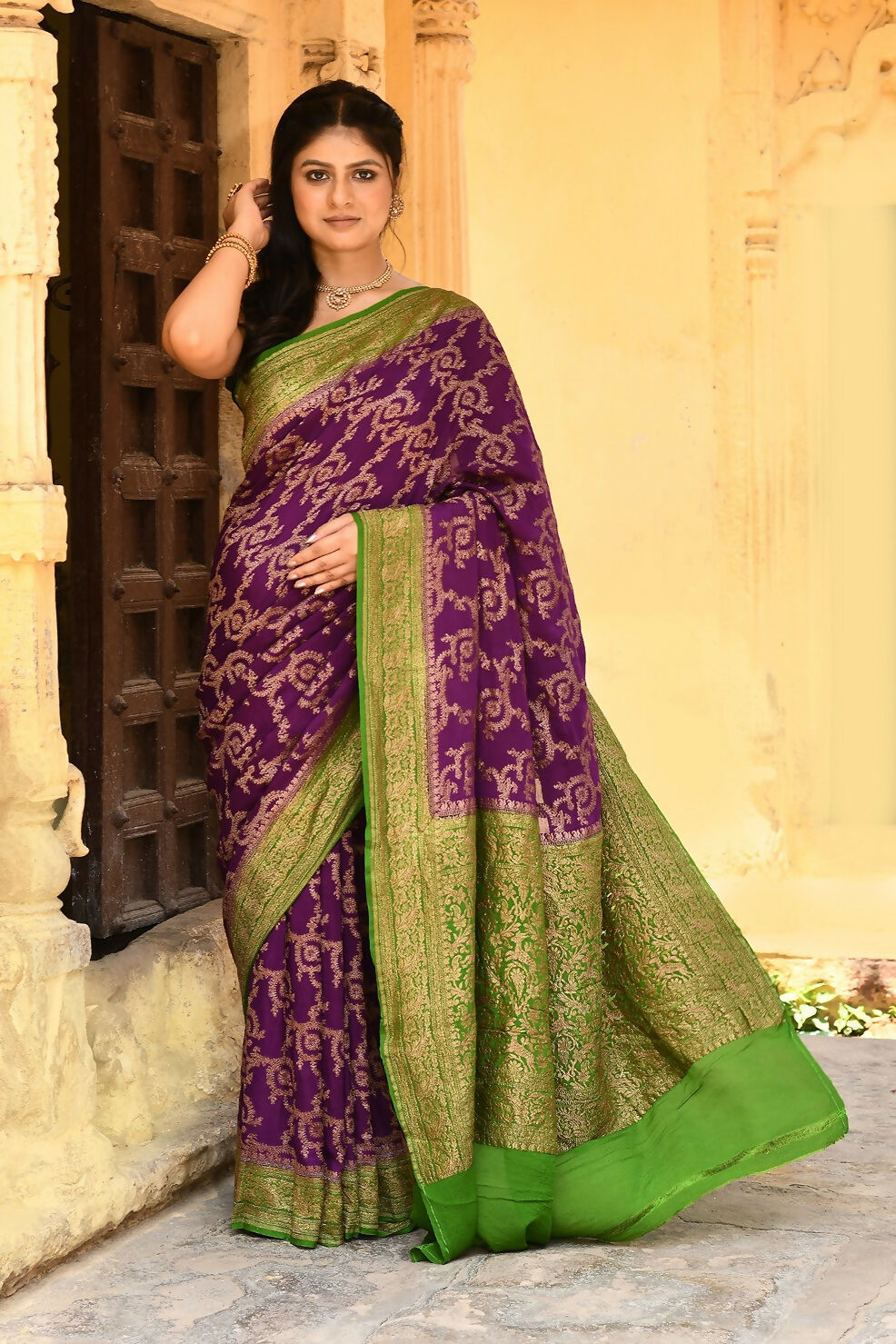 Joban Fashion Purple Crepe Chiffon Pure Handloom Banarasi Silk Saree - Dista