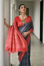 Thumbnail for Vishnu Weaves Women's Red Soft Tussar Silk Printed Saree with Blouse