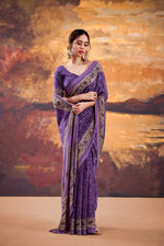 Thumbnail for Vastranavya Purple Crepe Printed Saree with Unstitched Blouse - Distacart
