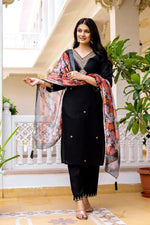 Thumbnail for The52 Black Women's Beautiful Viscose Chanderi Fabric Embroidered Work Straight Kurta Pant and Dupatta Set - Distacart