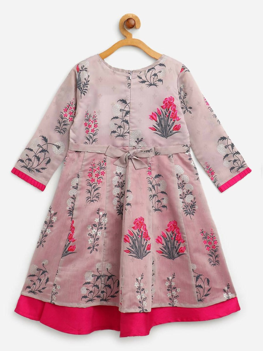 Ahalyaa Grey Chanderi Silk Pigment Print Kids Front Slit Kurta For Girls - Distacart