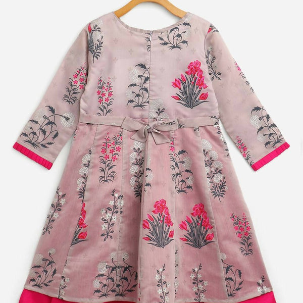 Ahalyaa Grey Chanderi Silk Pigment Print Kids Front Slit Kurta For Girls - Distacart