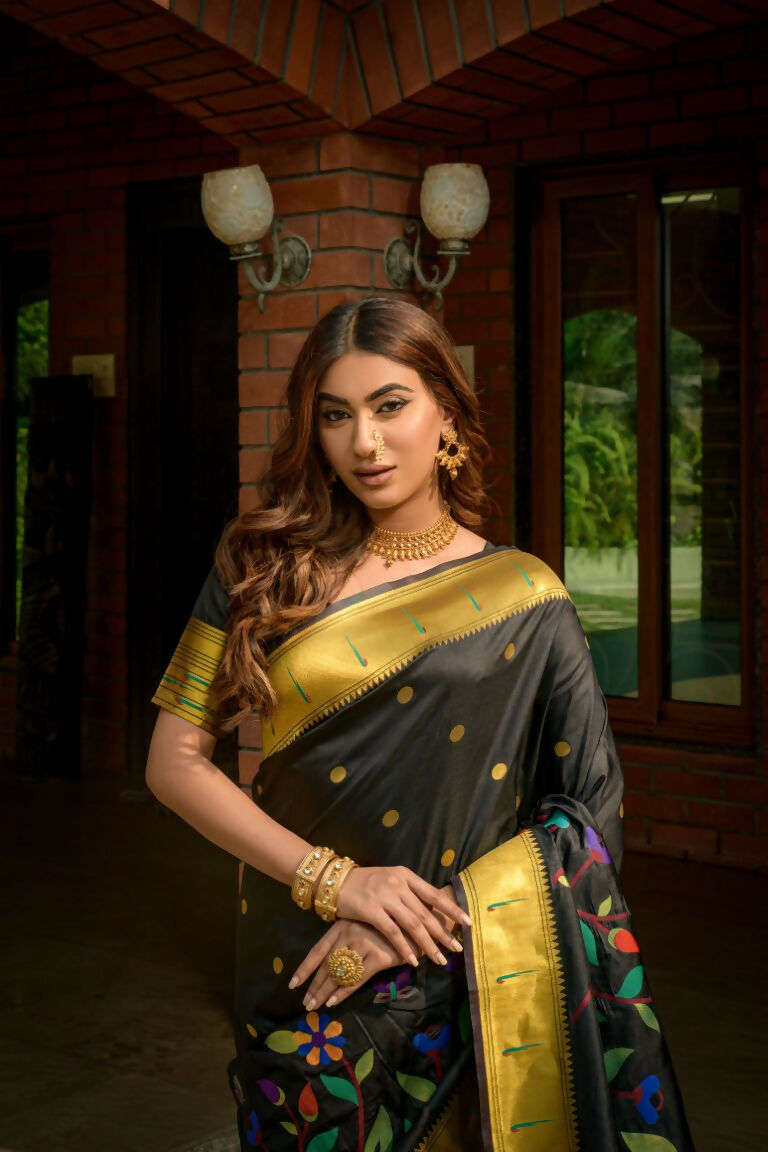 Jyoti Fashion Women's Black Paithani Silk Zari Woven Saree with Blouse - Distacart
