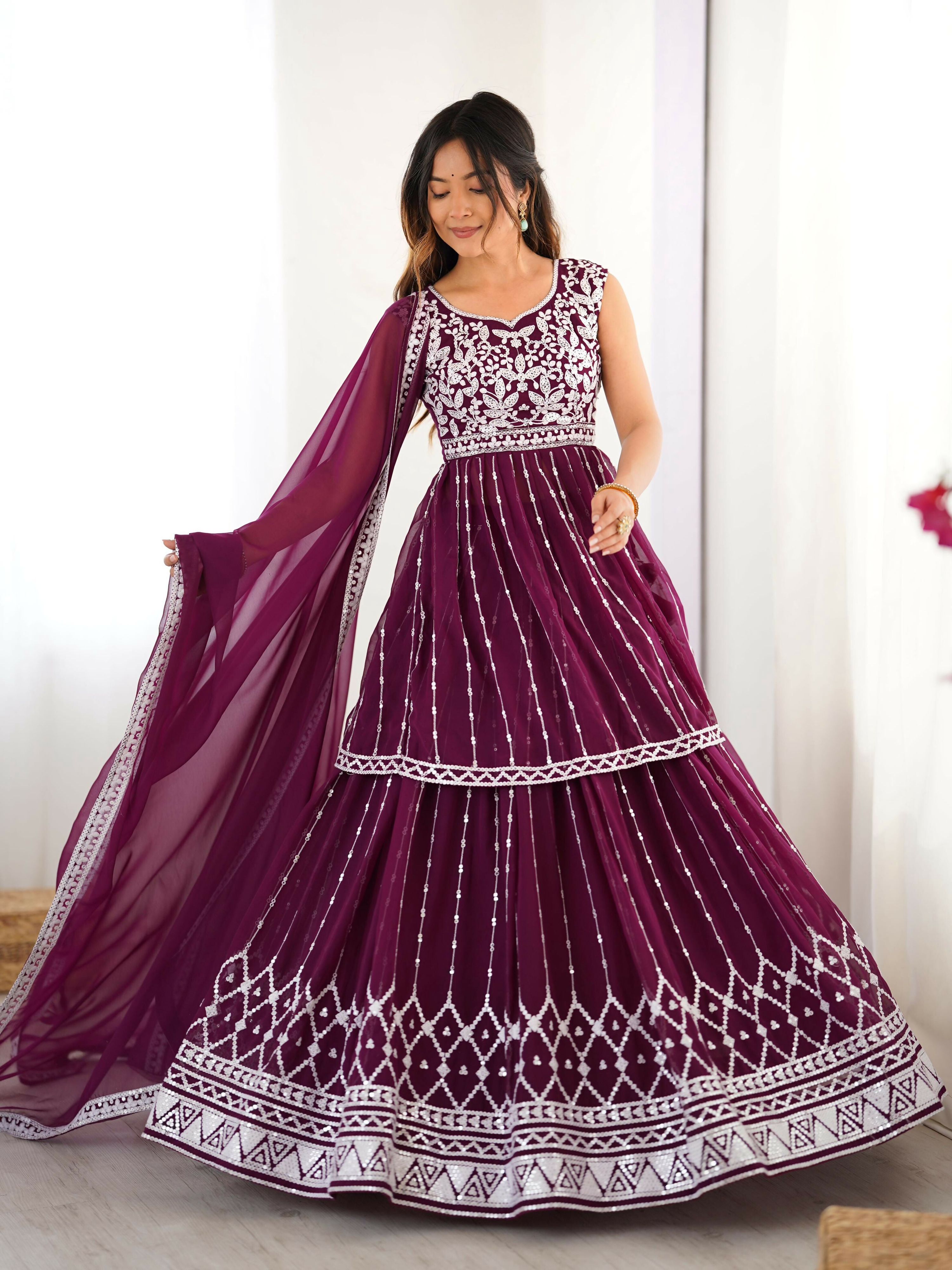 Joban Fashion wine Lehenga Georgette Coding Dori with Sequence with Rivet Moti