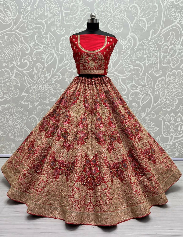 Jyoti Fashion Women's Red Silk Fancy Dori & Sequins Multi Thread Embroidered with Diamond Work Wedding Lehenga Choli - Distacart