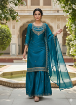 Thumbnail for Teeya Creation Teal Color Fendy Satin Silk Heavy Embroidery Work Sharara Suit - Distacart