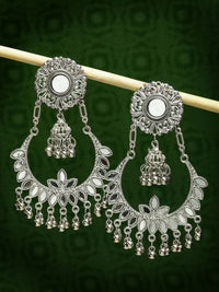 Thumbnail for NVR Women's Silver-Plated Mirror Work Oxidised Chandbali Earrings - Distacart